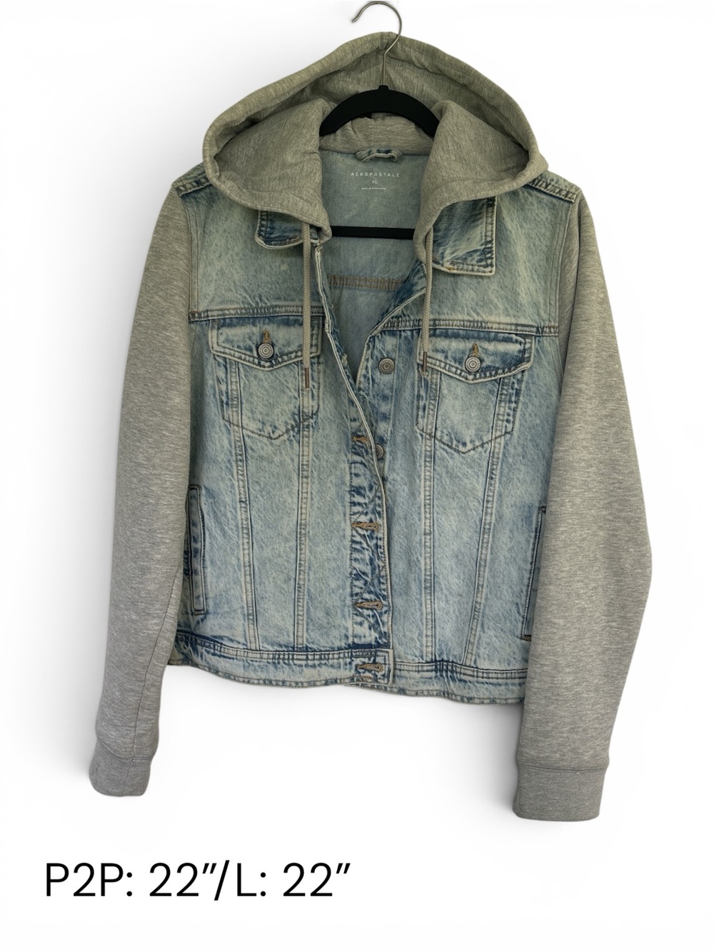 Aeropostale Light Blue Denim & Gray Hoodie Boyfriend Jacket